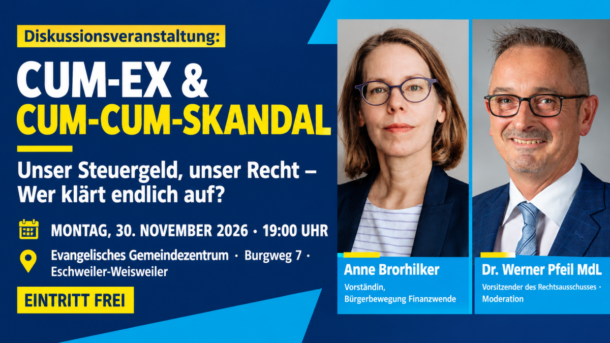 Diskussionsveranstaltung der FDP Eschweiler zu Cum-Ex und Cum-Cum am 30. November 2026 mit Anne Brorhilker und Dr. Werner Pfeil MdL
